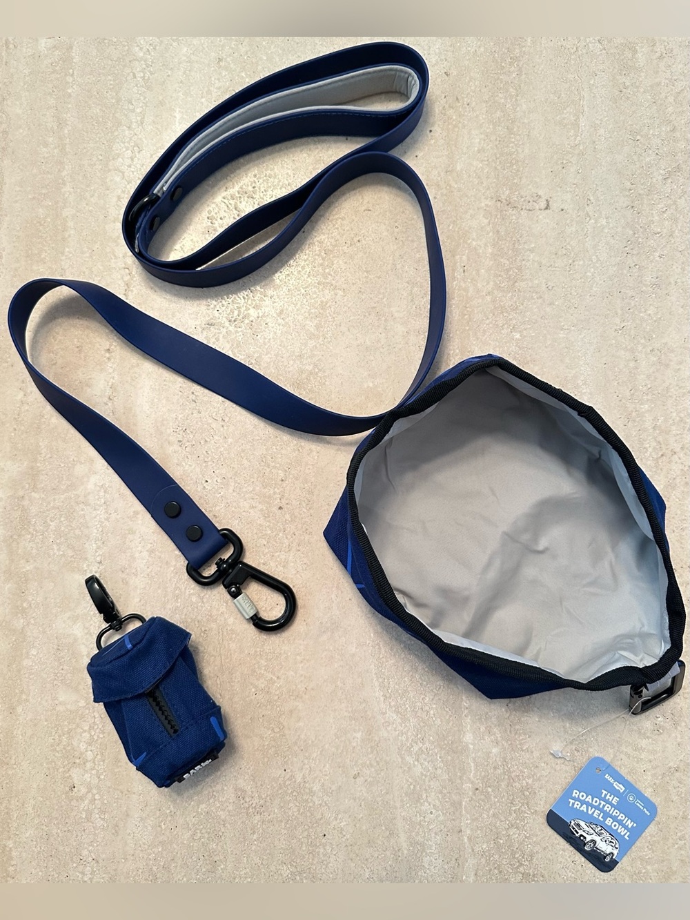 BarkBox Navy Blue Walk Kit: Waterproof Leash + Travel Bowl & Poop Bag Holder Set